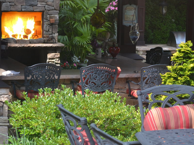 fireplace and backyard bar island